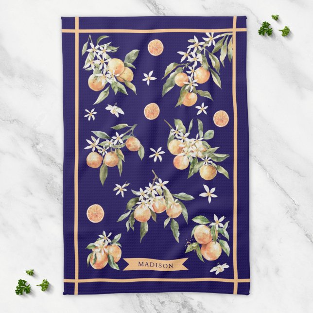 Monogramm-Wasserfarbe-Orangen-Blumen-Botanik Geschirrtuch (Von Creator hochgeladen)