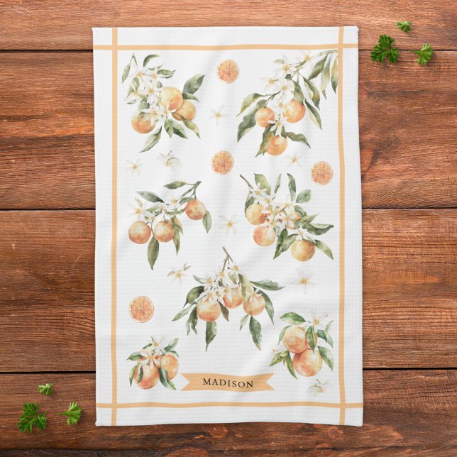 Monogramm-Wasserfarbe-Orangen-Blumen-Botanik Geschirrtuch (Von Creator hochgeladen)