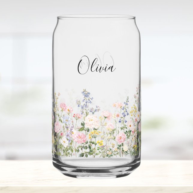 Monogramm-Wasserfarbe Rosa Blaue Blumen Floral Dosenglas (In situ)