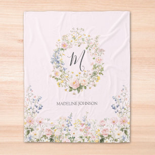 Monogramm Wasserfarbe Rosa Blaue Blumen Floral  Fleecedecke
