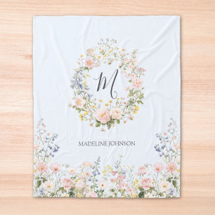 Monogramm-Wasserfarbe Rosa Blaue Blumen Floral Fleecedecke