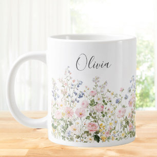 Monogramm Wasserfarbe Rosa Blaue Blumen Floral  Jumbo-Tasse