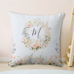Monogramm Wasserfarbe Rosa Blaue Blumen Floral  Kissen