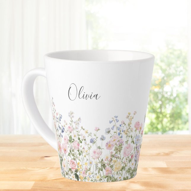 Monogramm Wasserfarbe Rosa Blaue Blumen Floral  Milchtasse (In situ)
