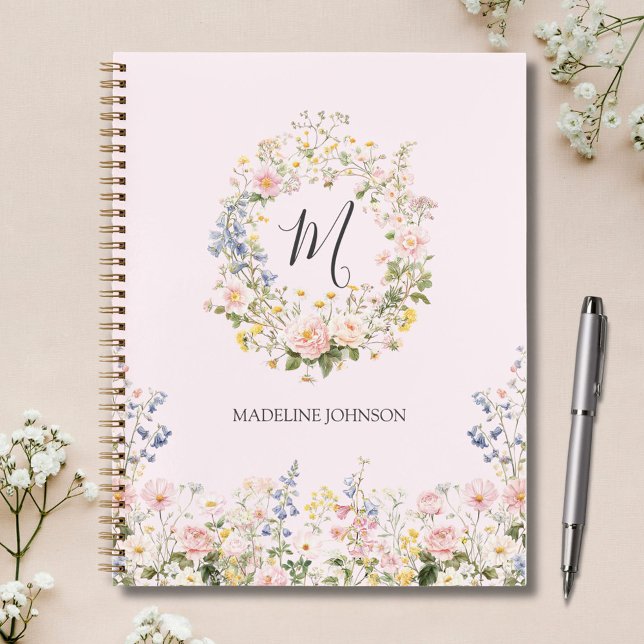 Monogramm Wasserfarbe Rosa Blaue Blumen Floral  Notizbuch (In situ)