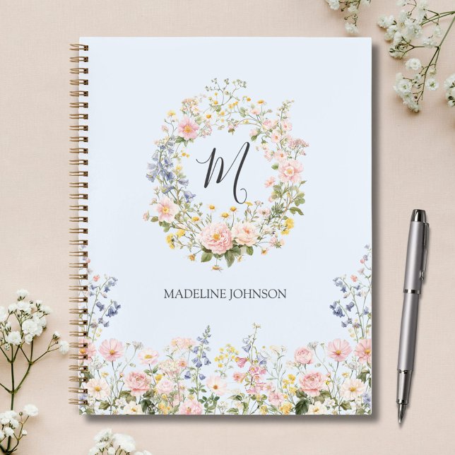 Monogramm Wasserfarbe Rosa Blaue Blumen Floral  Planer (In situ)