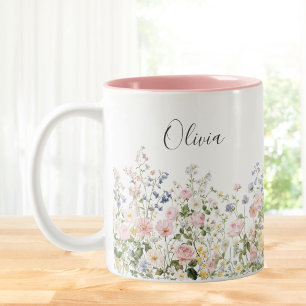 Monogramm Wasserfarbe Rosa Blaue Blumen Floral  Zweifarbige Tasse