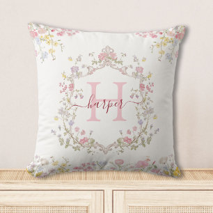 Monogramm-Wasserfarbe-Rosa-Blumen-Personalisiert Kissen