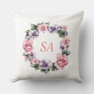 Monogramm Wasserfarbe Rosa Lila Kranz Floral Kissen