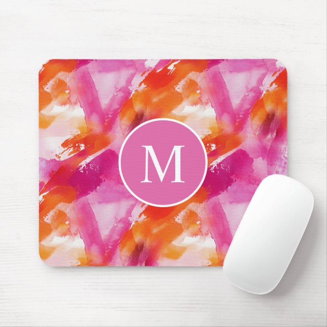 Monogramm-Wasserfarbe Rosa Orange Abstrakt Mousepad (Mit Mouse)