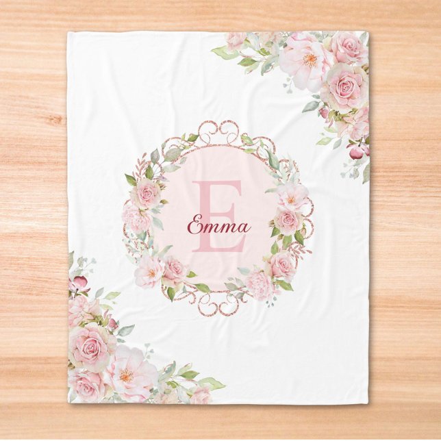 Monogramm-Wasserfarbe-Rosa-Rosen-Blumen-Floral Fleecedecke (Close up)