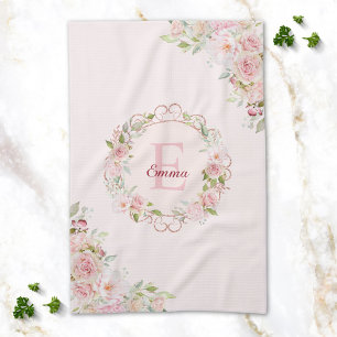 Monogramm-Wasserfarbe-Rosa-Rosen-Blumen-Floral Geschirrtuch