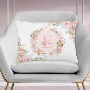 Monogramm-Wasserfarbe-Rosa-Rosen-Blumen-Florales Dekokissen