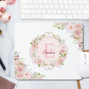 Monogramm-Wasserfarbe-Rosa-Rosen-Blumen-Florales Mousepad