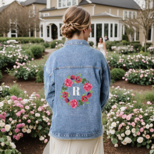Monogramm Wasserfarbe Rote und rosa Blumen Kranz Jeansjacke