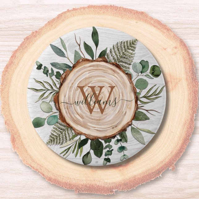 Monogramm-Wasserfarbe Rustikale Holzscheibe und La Button (Close up)