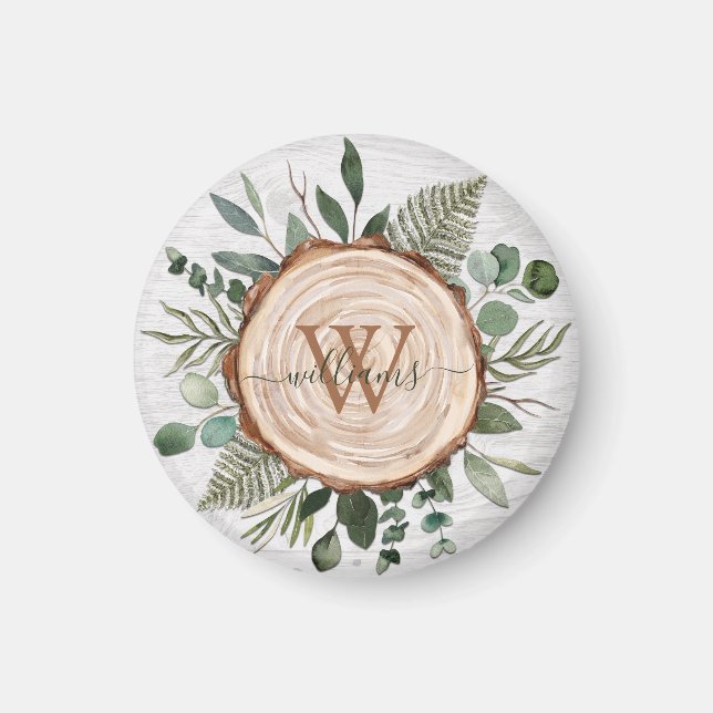 Monogramm-Wasserfarbe Rustikale Holzscheibe und La Magnet (Vorne)