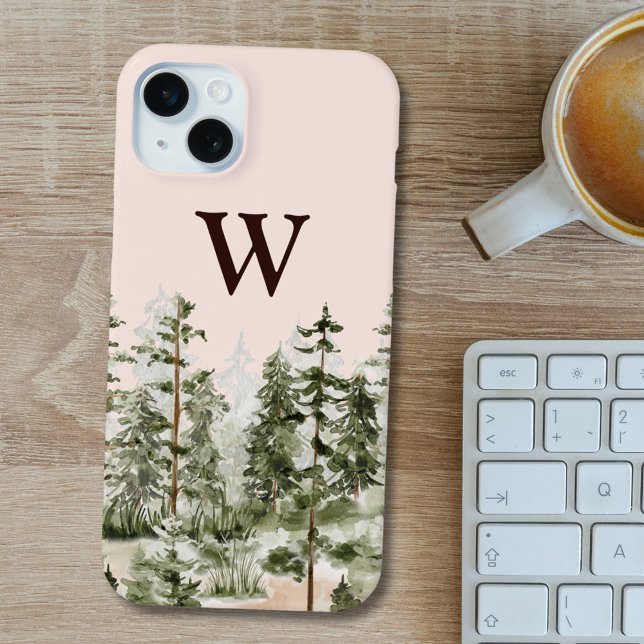 Monogramm-Wasserfarbe Rustikaler grüner Wald iPhone Hülle (In situ)