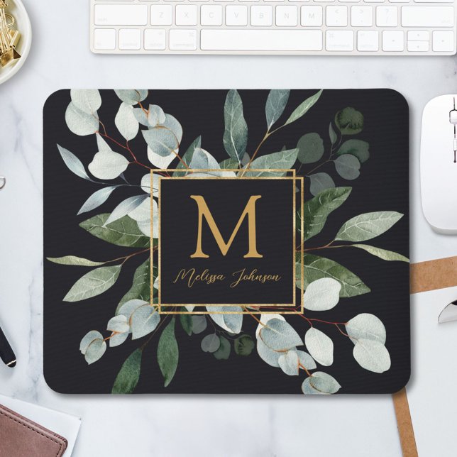 Monogramm-Wasserfarbe-Tropische grüne Blätter Mousepad (In situ)