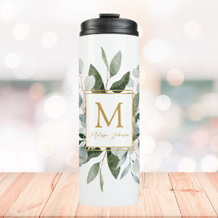 Monogramm-Wasserfarbe Tropische grüne Blätter Thermosbecher