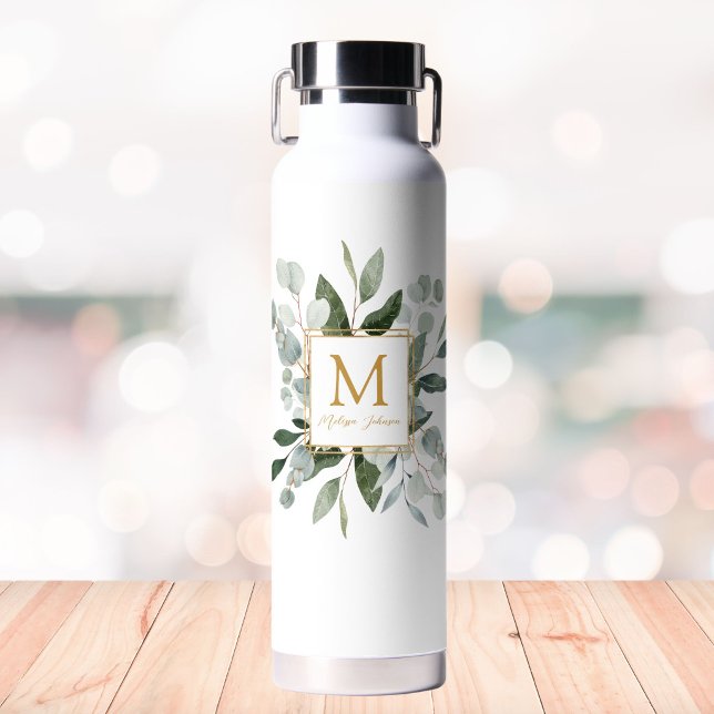 Monogramm Wasserfarbe Tropische grüne Blätter Trinkflasche (Von Creator hochgeladen)