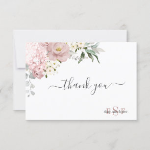 Monogramm-Wasserfarbe-Verstaubte Rosen Hydrangea Dankeskarte
