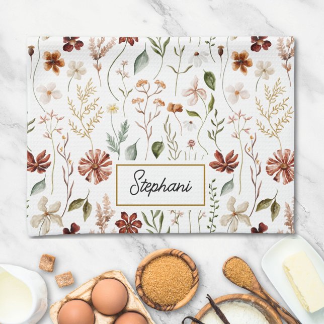 Monogramm-Wasserfarbe Vintage-Wildblumen-Blumentee Geschirrtuch (In situ)