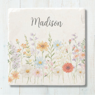 Monogramm-Wasserfarbe-Wildblumen-Blumen-Botanik Steinuntersetzer