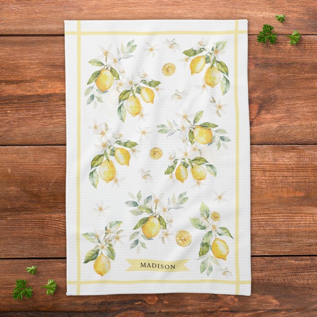 Monogramm-Wasserfarbe-Zitrus-Limonen-Blumen-Botani Geschirrtuch (Von Creator hochgeladen)