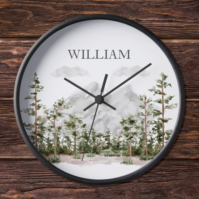 Monogramm Wasserfarben-Berg und -Wald Uhr (In situ wood wall)
