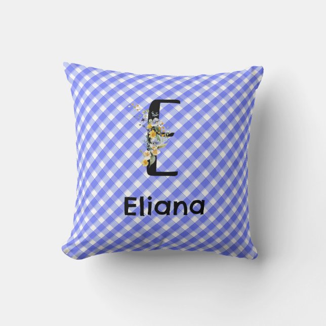 Monogramm-Wasserfarben-Blumen-Gingham Blau Minimal Kissen (Vorderseite)