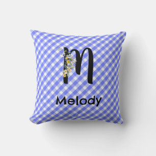 Monogramm-Wasserfarben-Blumen-Gingham-Blau-Muster Kissen