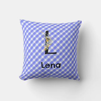 Monogramm-Wasserfarben-Blumen-Gingham-Blau-Muster Kissen