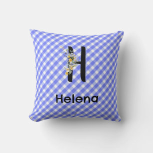 Monogramm-Wasserfarben-Blumen-Gingham-Blau-Muster Kissen