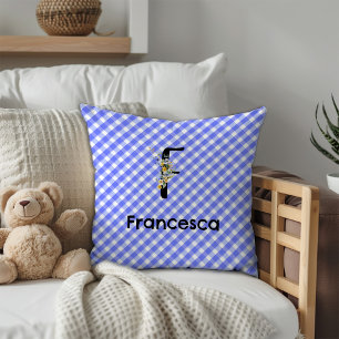 Monogramm-Wasserfarben-Blumen-Gingham-Blau-Muster Kissen