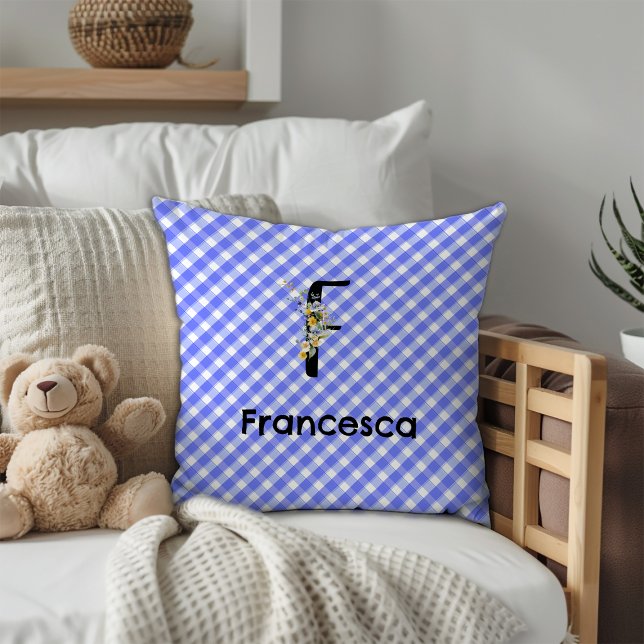 Monogramm-Wasserfarben-Blumen-Gingham-Blau-Muster Kissen (Von Creator hochgeladen)
