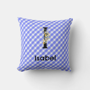 Monogramm-Wasserfarben-Blumen-Gingham-Blau-Muster Kissen