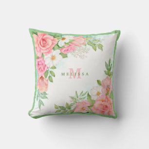 Monogramm-Wasserfarben-Blumen-Grün-Rosa-Rose Kissen