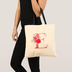 Monogramm-Wasserfarben-Blumen-Roségold-Alphabet E Tragetasche