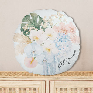 Monogramm-Wasserfarben-Tropenblumenstrauß Floral Rundes Kissen