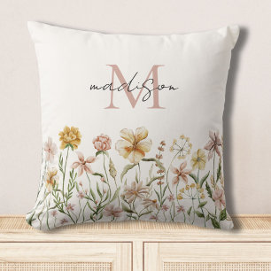 Monogramm-Wasserfarben-Wildblumenwiese-Blumenmuste Kissen