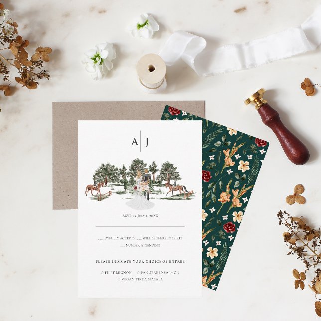 Monogramm | Watercolor Equestrian Wedding RSVP Ankündigung (Von Creator hochgeladen)