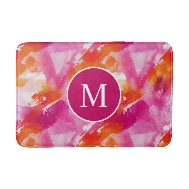 Monogramm Watercolor Pink Orange Abstrakt Badematte (Vorderseite)