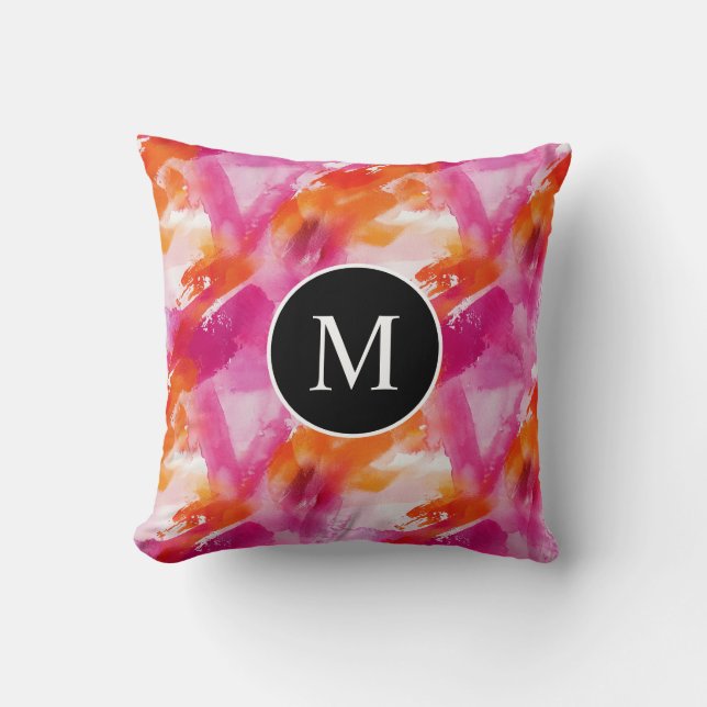 Monogramm Watercolor Pink Orange Abstrakt Kissen (Vorderseite)