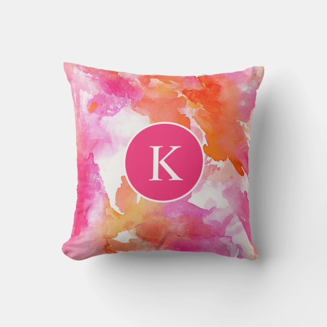 Monogramm Watercolor Pink Orange Abstrakt Kissen (Vorderseite)