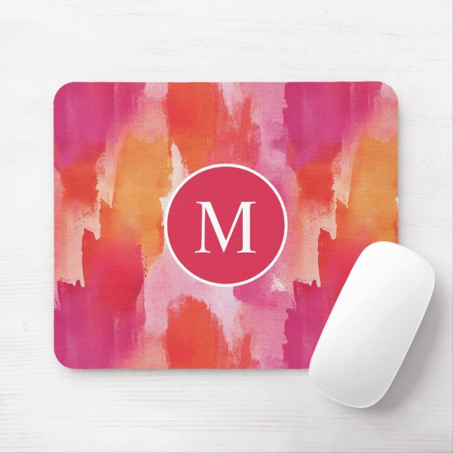 Monogramm Watercolor Pink Orange Abstrakt Mousepad (Mit Mouse)