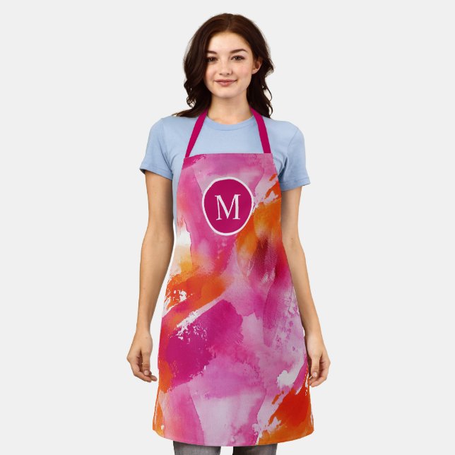 Monogramm Watercolor Pink Orange Abstrakt Schürze (Getragen)