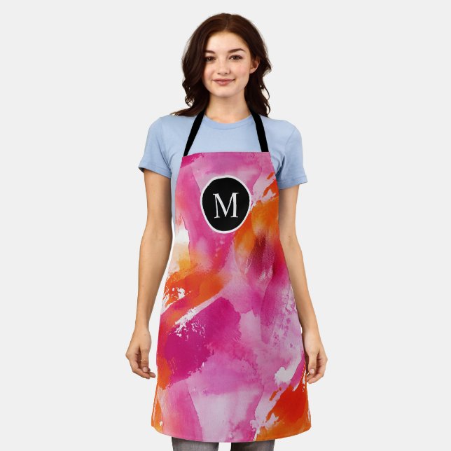 Monogramm Watercolor Pink Orange Abstrakt Schürze (Getragen)