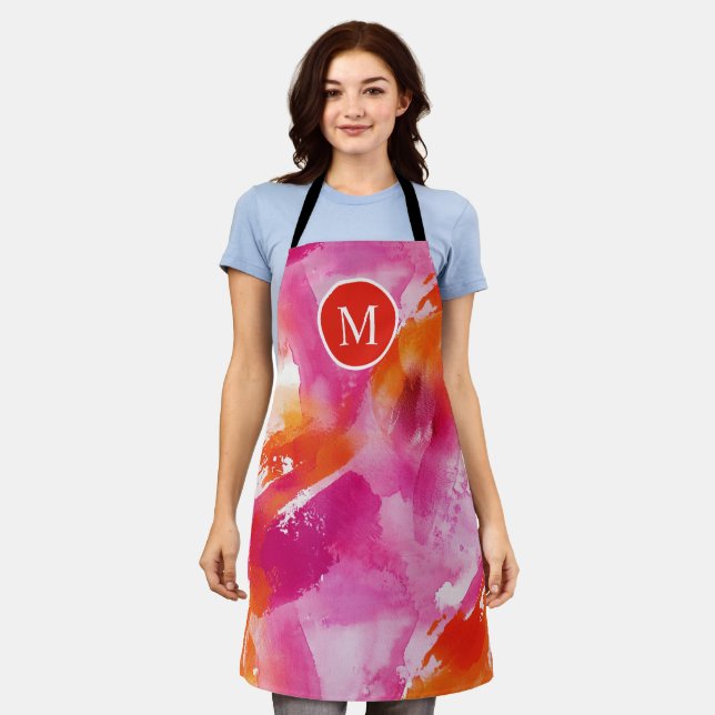 Monogramm Watercolor Pink Orange Abstrakt Schürze (Getragen)