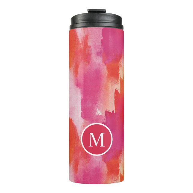 Monogramm Watercolor Pink Orange Abstrakt Thermosbecher (Vorderseite)